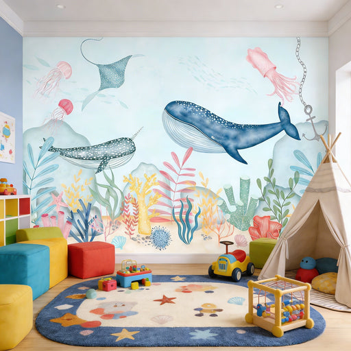Watercolor ocean mural wallpaper featuring whales, jellyfish, stingray, and coral reef for children's room
