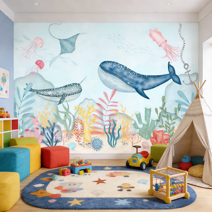 Watercolor ocean mural wallpaper featuring whales, jellyfish, stingray, and coral reef for children's room
