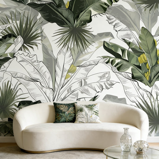 Tropical jungle mural wallpaper featuring watercolor and line art palm leaves and banana trees in soft green tones on white background
