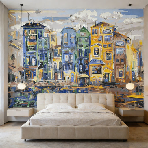 Colorful canal houses mural wallpaper in paint-by-numbers graffiti style with vibrant blue, yellow and orange buildings reflected in water
