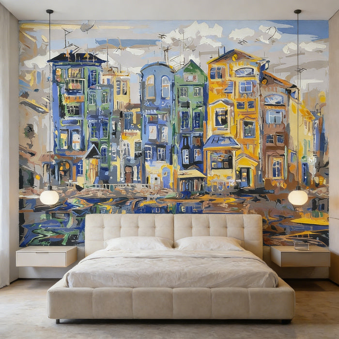 Colorful canal houses mural wallpaper in paint-by-numbers graffiti style with vibrant blue, yellow and orange buildings reflected in water
