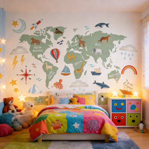 Educational world map mural wallpaper with animals, continents, and compass for kids room
