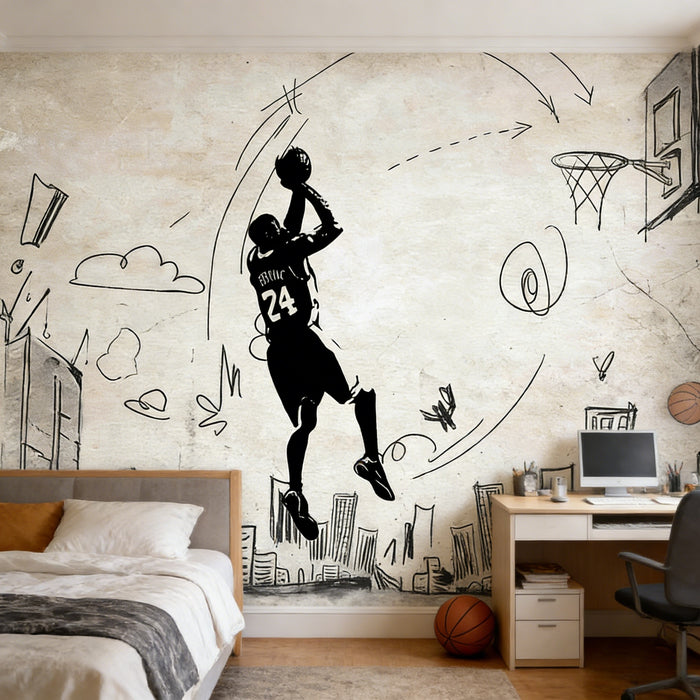 Basketball player silhouette mural wallpaper with street graffiti art style and city skyline
