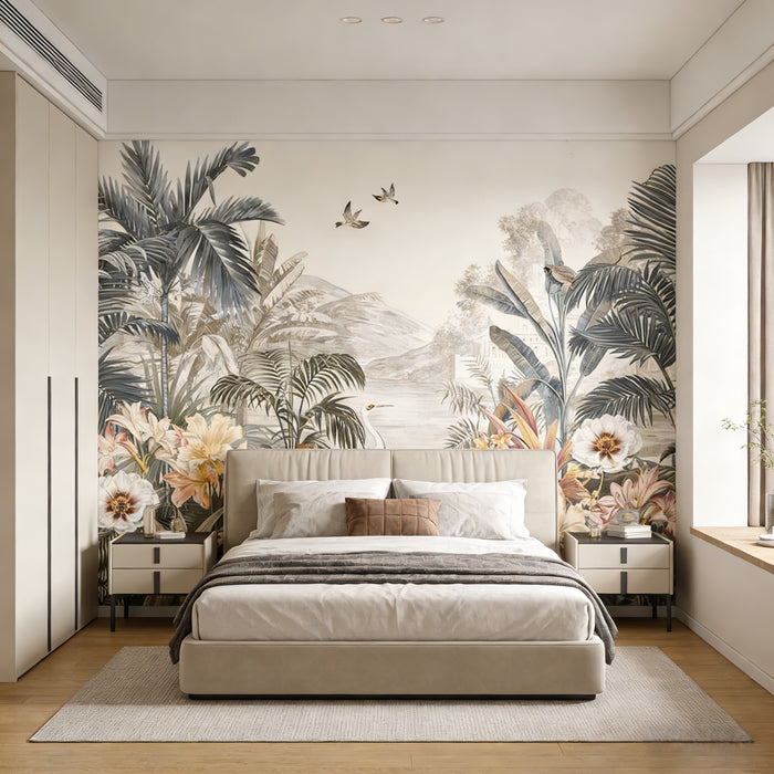 Vintage tropical mural wallpaper with palm leaves, exotic flowers and misty mountain landscape in soft sepia and neutral tones
