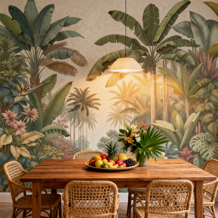 Tropical Jungle Mural Wallpaper | Beige Background with Palm Trees and Banana Trees