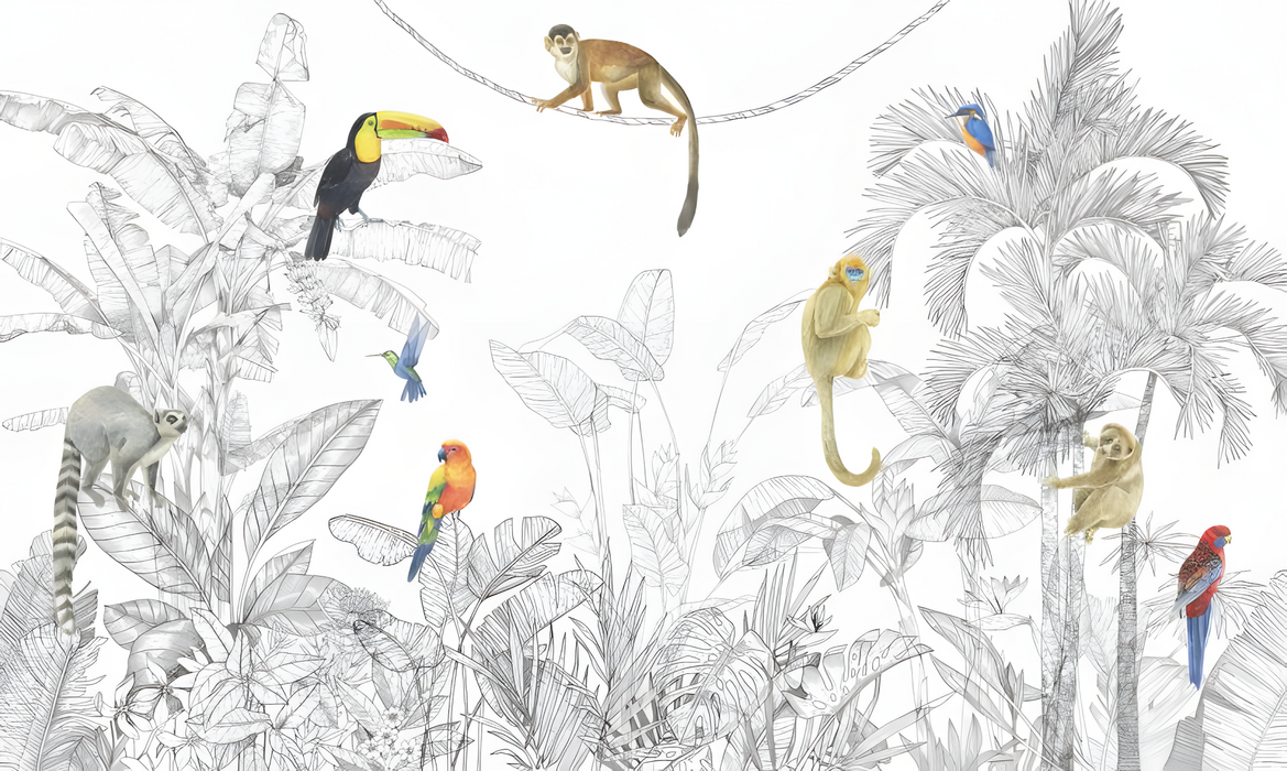 Panoramic view of monochrome tropical jungle wallpaper with detailed botanical illustration and bird elements
