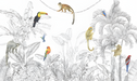 Panoramic view of monochrome tropical jungle wallpaper with detailed botanical illustration and bird elements
