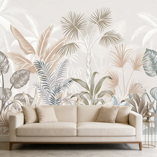 Tropical line art mural wallpaper featuring palm leaves, ferns and botanical foliage in soft neutral tones
