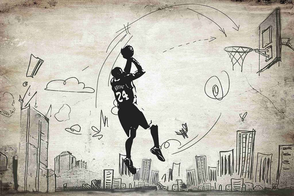 Basketball player mural wallpaper in teen bedroom - panoramic view showing urban graffiti design
