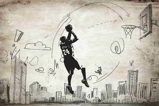 Basketball player mural wallpaper in teen bedroom - panoramic view showing urban graffiti design
