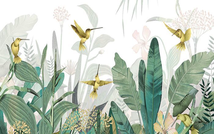Panoramic view of watercolor hummingbird wallpaper showing full tropical botanical scene with layered greenery and delicate bird details
