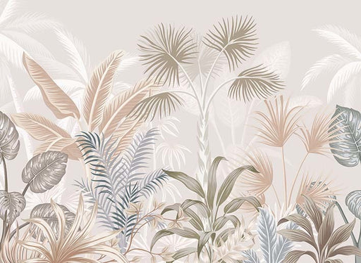 Panoramic view of tropical botanical wallpaper with elegant palm trees and ferns in pastel colors

