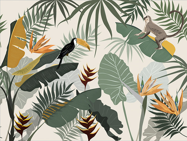 Panoramic view of retro tropical wallpaper featuring geometric layered foliage, exotic birds and monkeys in olive green and mustard yellow tones
