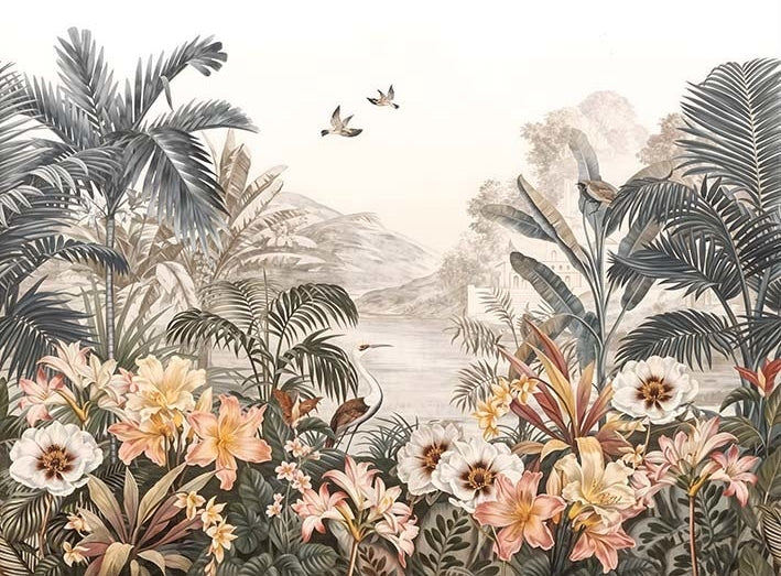 Panoramic view of vintage botanical wallpaper featuring tropical paradise with palm fronds, peach flowers and serene mountain backdrop in neutral sepia palette
