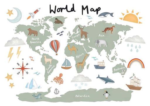 Panoramic view of world map wallpaper featuring continents, wildlife, hot air balloons, and explorer elements for children's bedroom

