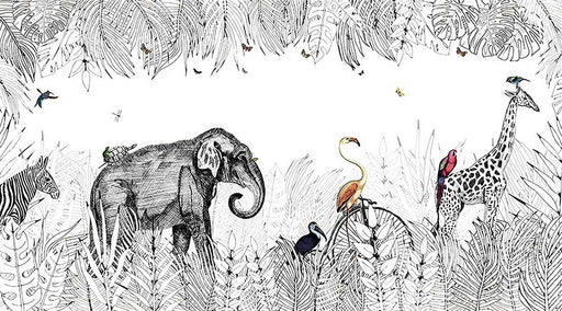 Close-up detail of line art safari animals wallpaper showing intricate pen-and-ink illustration with tropical palm leaves and wildlife
