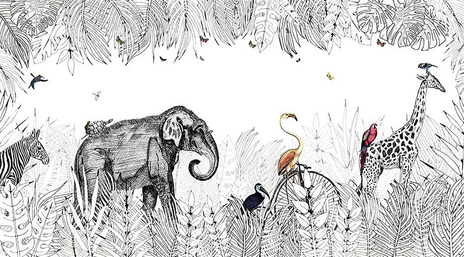 Close-up detail of line art safari animals wallpaper showing intricate pen-and-ink illustration with tropical palm leaves and wildlife
