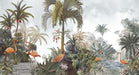 Panoramic view of tropical jungle wallpaper with exotic animals and lush botanical foliage
