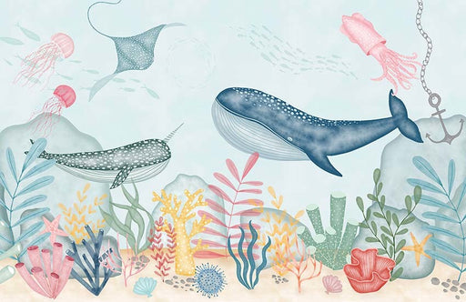 Panoramic view of ocean whale wallpaper in kids room with colorful storage cubes and marine decor
