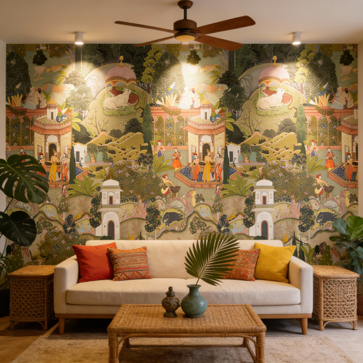 Vintage mural wallpaper featuring South Seas retro Jaipur garden with exotic botanical elements for living room decoration

