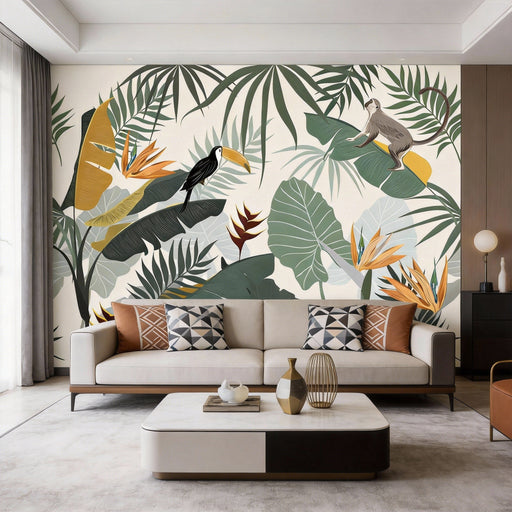 Modern tropical jungle mural wallpaper with layered palm leaves, banana foliage, toucans and birds of paradise in retro vintage colors
