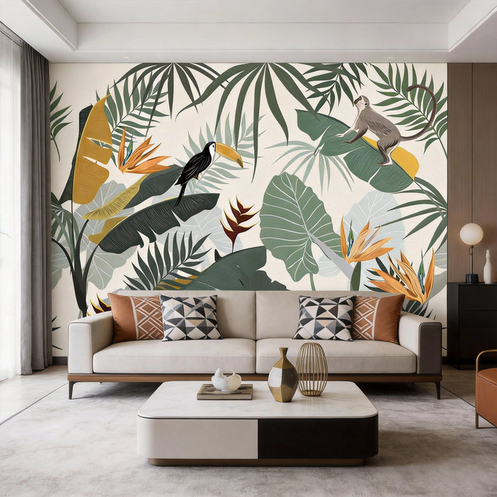 Modern tropical jungle mural wallpaper with layered palm leaves, banana foliage, toucans and birds of paradise in retro vintage colors
