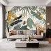 Modern tropical jungle mural wallpaper with layered palm leaves, banana foliage, toucans and birds of paradise in retro vintage colors
