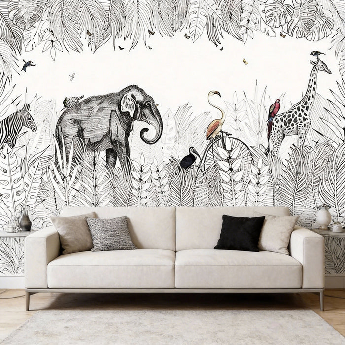 Safari animals mural wallpaper with hand-drawn elephant, giraffe, zebra and tropical birds in black and white line art style, framed by jungle foliage
