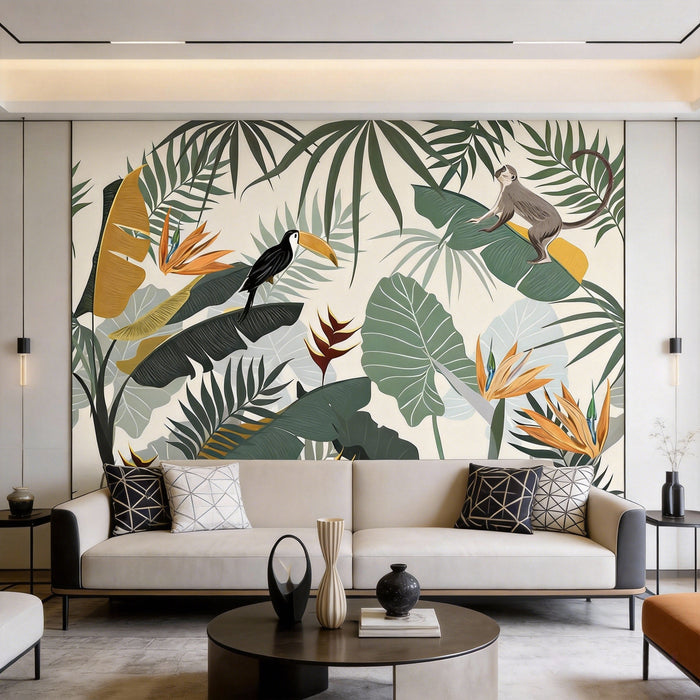 Retro tropical jungle wallpaper with layered palm leaves, toucans and birds of paradise
