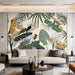 Retro tropical jungle wallpaper with layered palm leaves, toucans and birds of paradise
