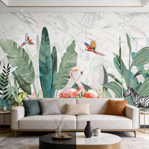 Watercolor tropical jungle mural wallpaper with pink flamingos, colorful parrots, banana leaves and palm fronds on marble texture background
