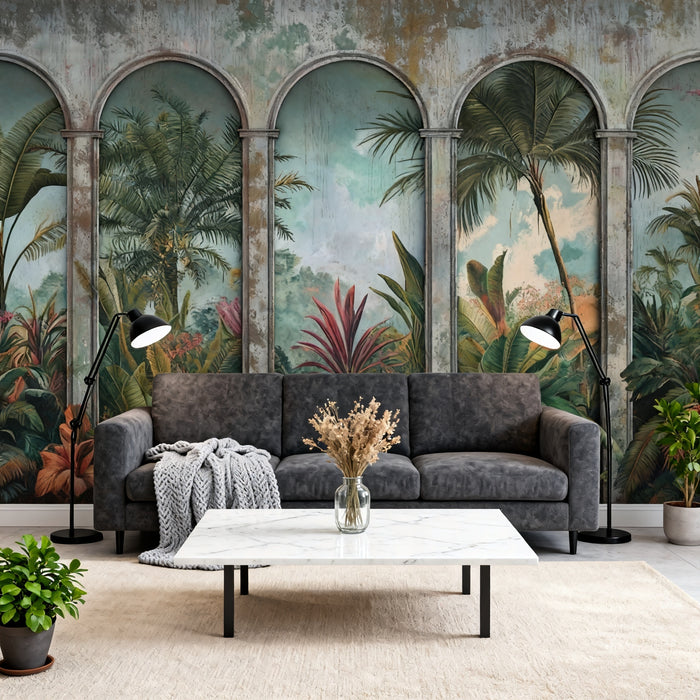 Mural Wallpaper tropical jungle | Elegant arches surrounding lush tropical vegetation