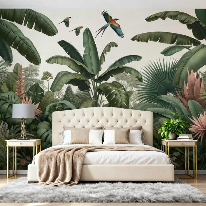 Tropical Jungle Mural Wallpaper | Green Banana Trees and Birds